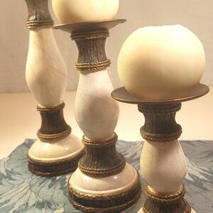 90s Hollywood Regency Faux Marble & Gold Rope Pillar Set of 3 - 12", 9", 6.5"